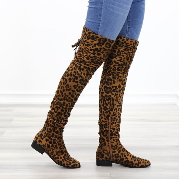 Shoes - Leopard Suede Thigh High Flat Boot Lace Up Back